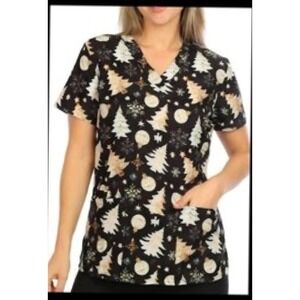 Gold  Christmas Trees‎ Performance Scrub Top Sz M  eliteMed 3 Hem pockets New